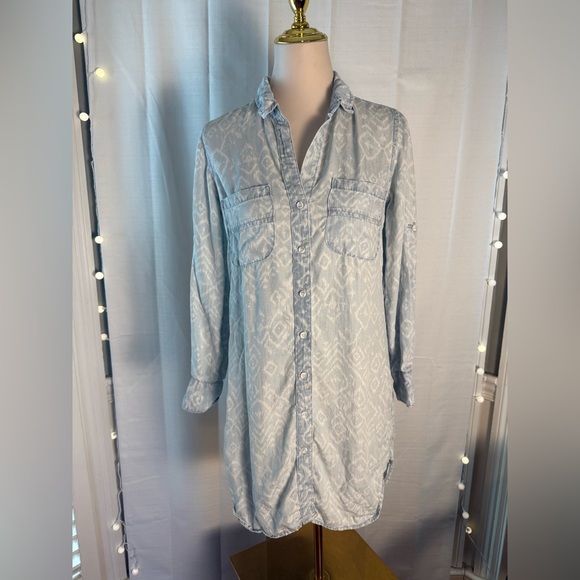 Cloth & Stone XS Blue Ikat 100% Tencel Long Sleeve Button Down Shirtdress - Picture 1 of 7